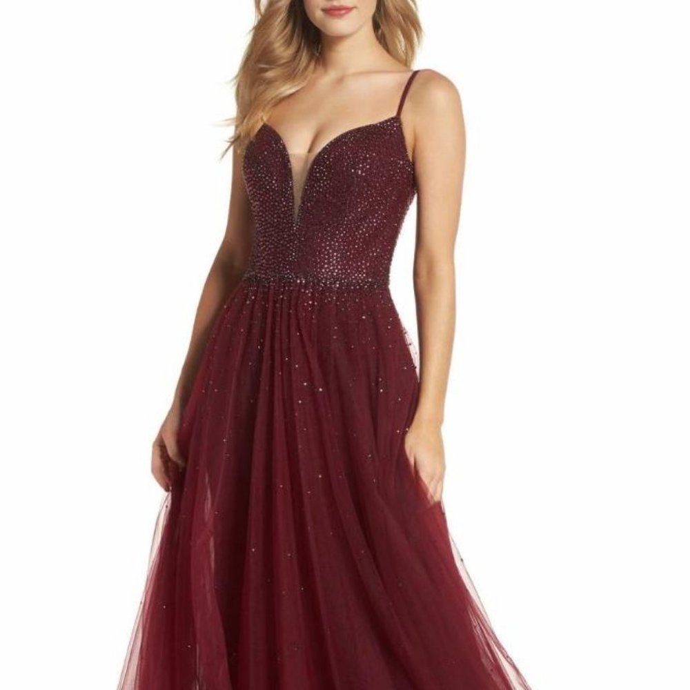 La Femme Embellished Illusion Plunge Gown - Sz 18